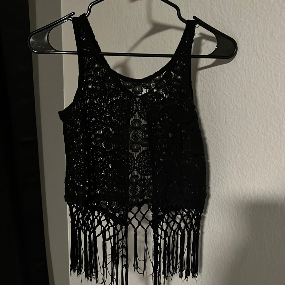 Black lace, see through, crop top. Open back. Size small. Fringe.